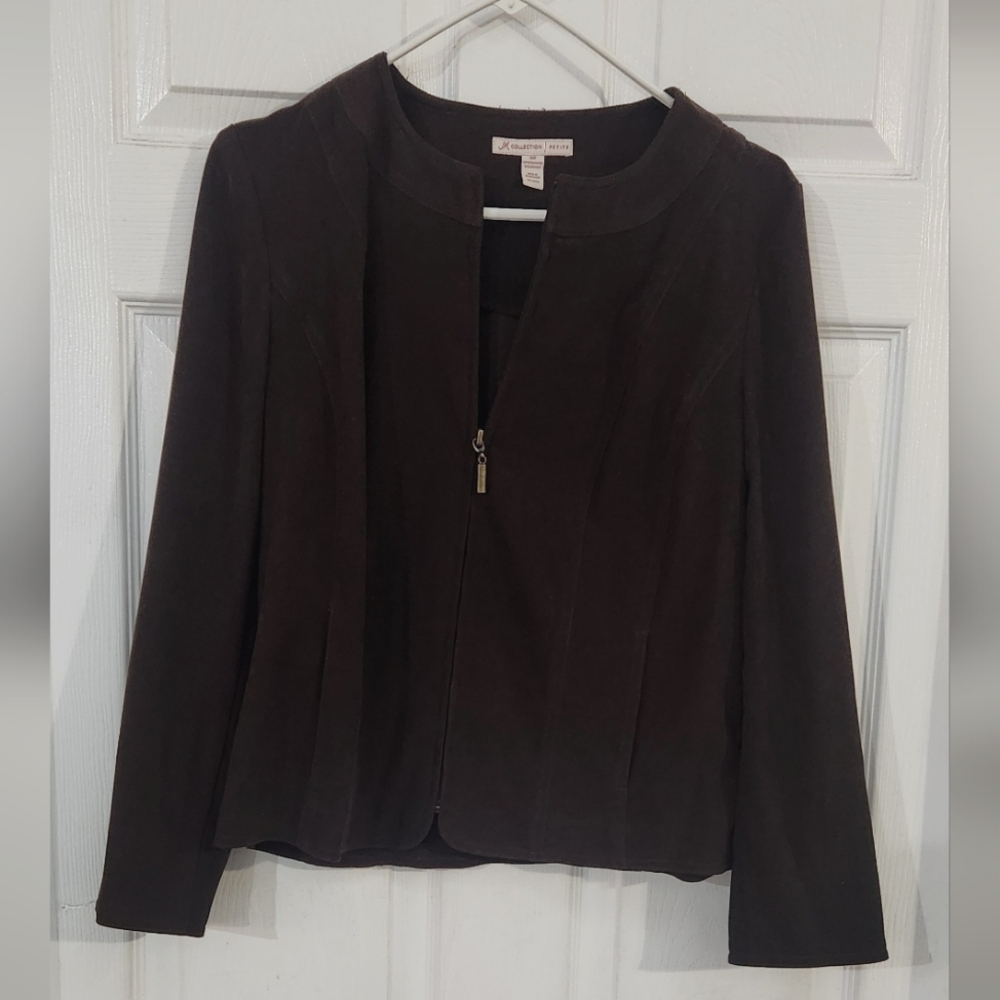 Chocolate Brown Faux Suede Jacket Size 10P Full Zip With Pockets JM Collection